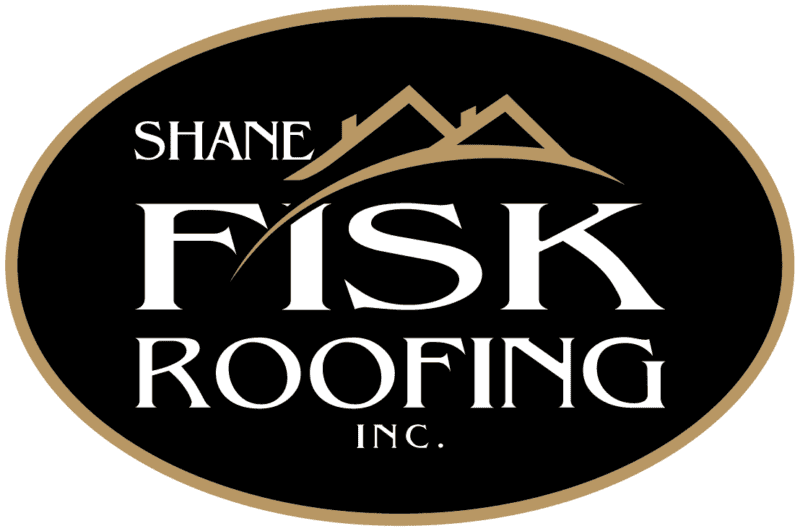 Black oval logo with gold border for Shane Fisk Roofing, featuring stylized gold roof outlines above bold white Shane Fisk Roofing text.