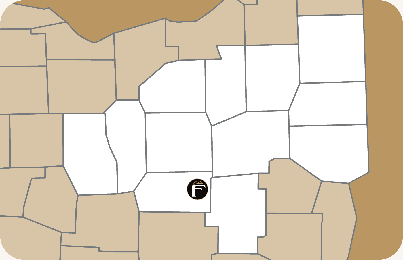 A simplified map highlights several counties in white with a black and white "F" icon, representing Shane Fisk Roofing, centered in one of the counties. Surrounding counties are shaded tan.