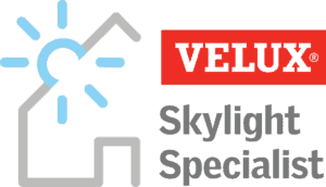 VELUX Skylight Specialist logo with a stylized house and sun graphic on the left and the VELUX brand name in a red box on the right.